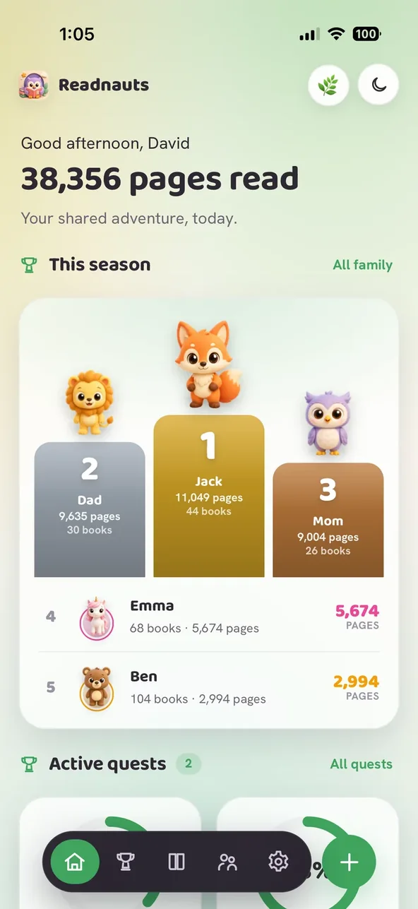 The Readnauts home screen: a family reading view showing pages read and each reader's progress
